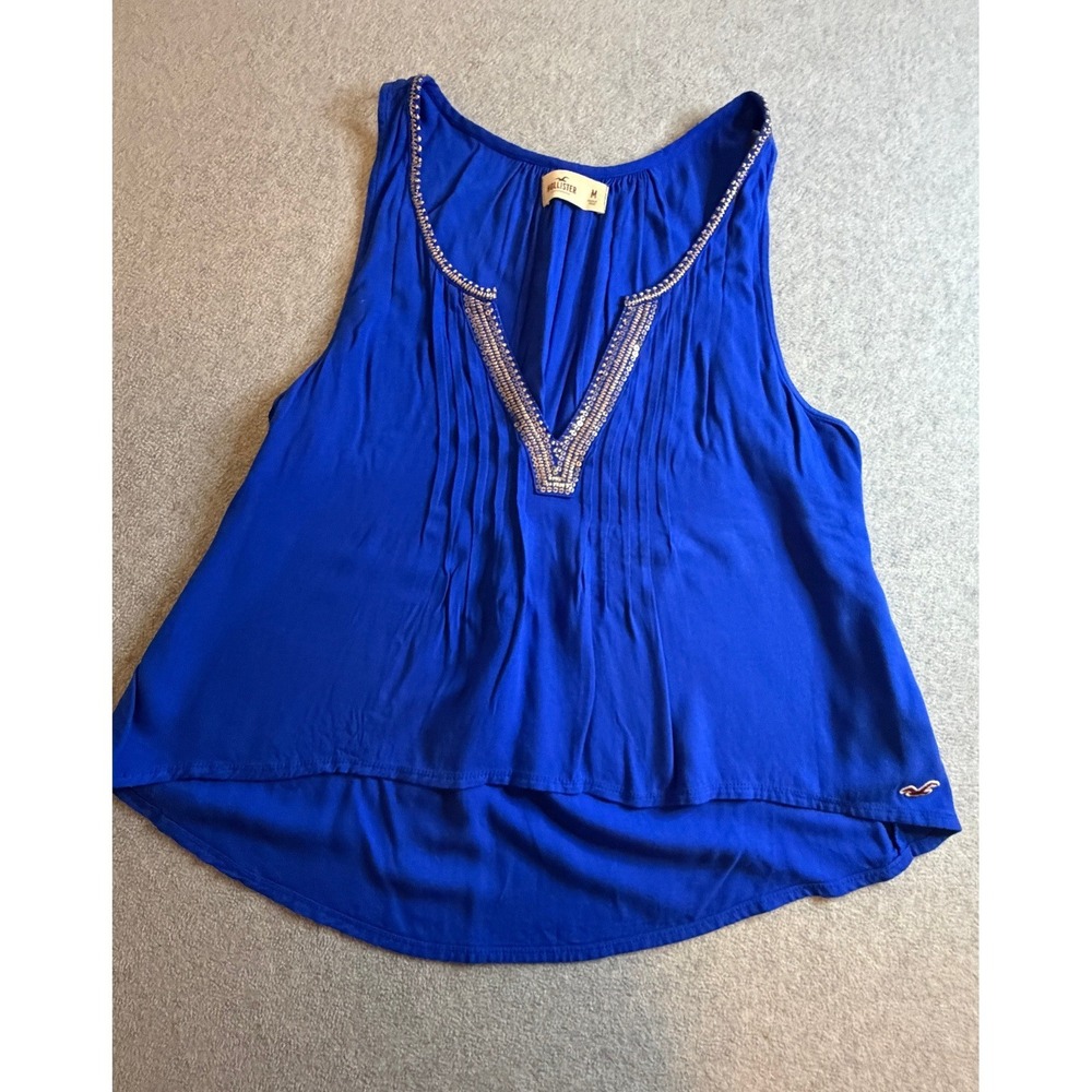 Hollister Royal Blue Beaded V-Neck Pintuck Pleated High Low Tank Top Womens M